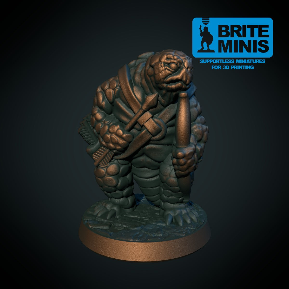 To tortle-krigere med bue og spyd, 3D-printet D&D-miniatyrsett fra Spillsmia.