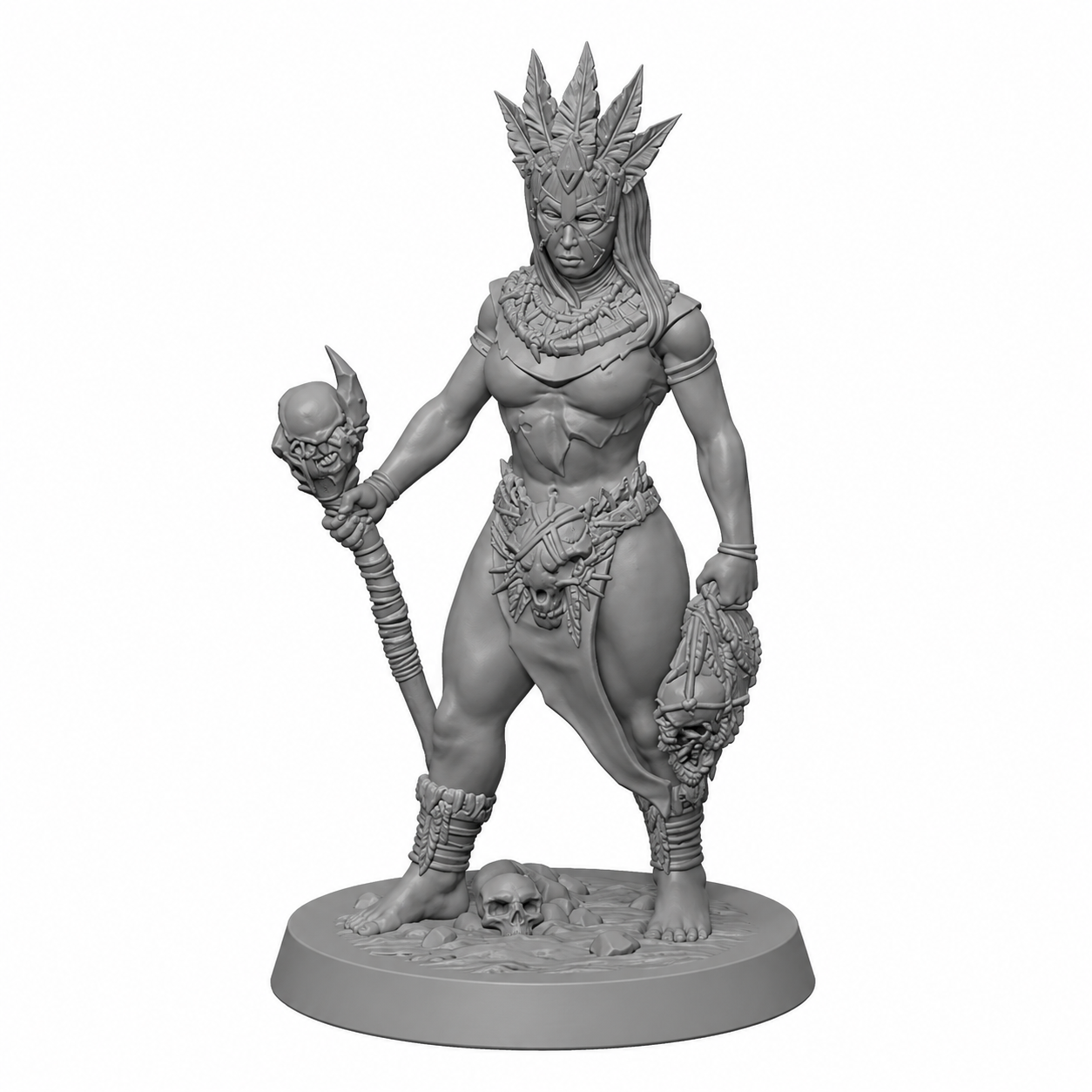 3D-printet Tribal Ritualist miniatyr i grå PLA til D&D og tabletop-rollespill.
