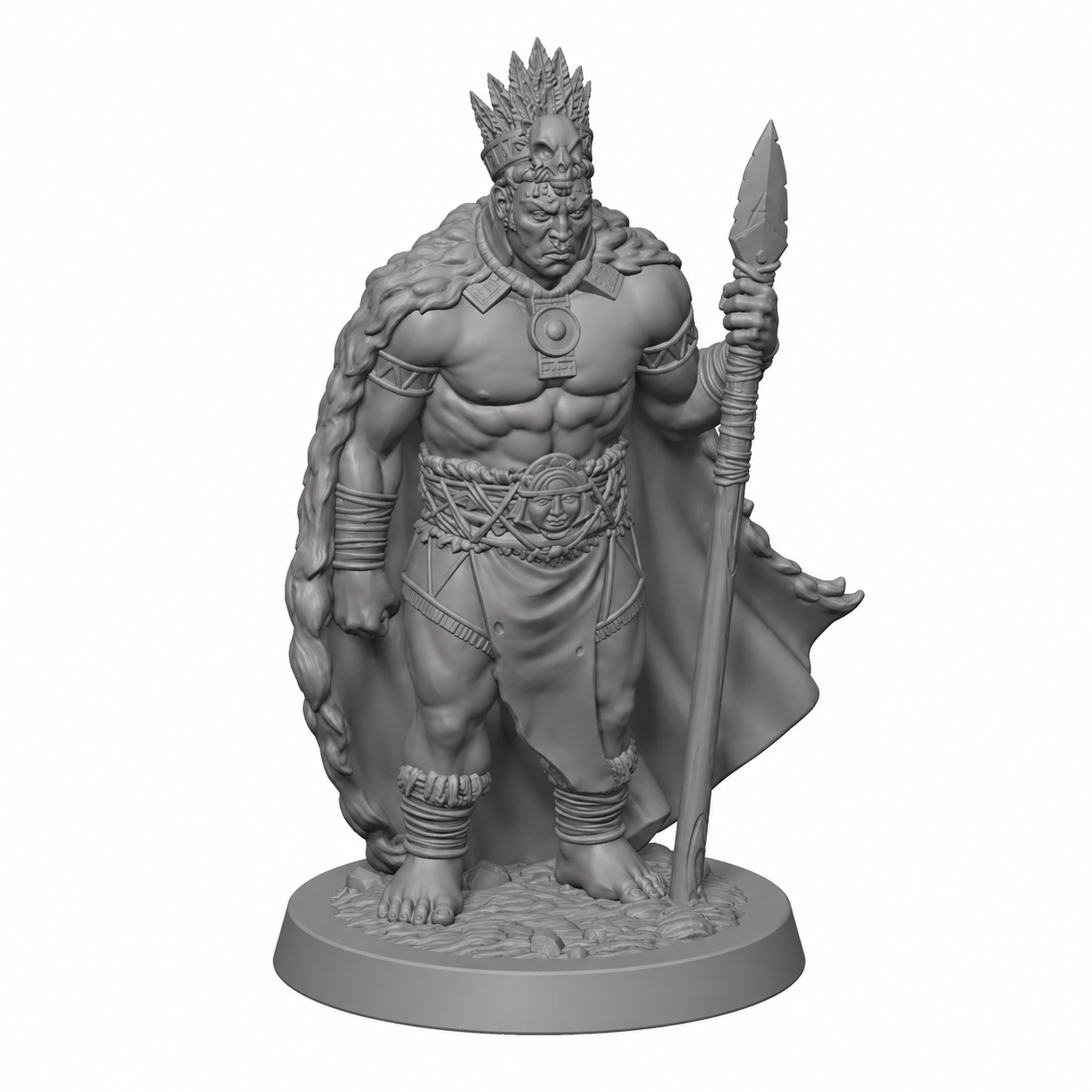 3D-printet Tribal Warrior kriger-miniatyr i grå PLA til D&D og tabletop-rollespill.