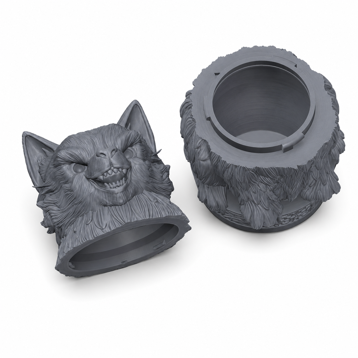 3D-printet ulveskrin med skrulokk, detaljert ulvehode og pelsstruktur i grå PLA til terninger, tokens og tabletop-rollespill.