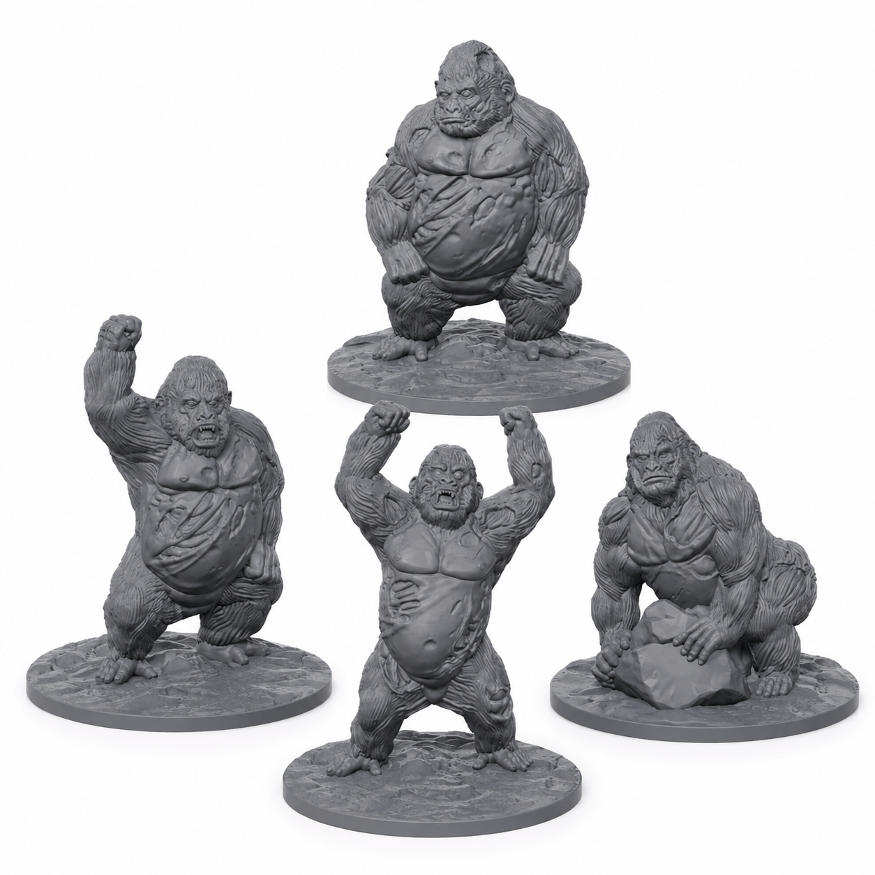 Undead Gorillas miniatyrsett med fire 3D-printede udøde gorillaer i grå PLA+ til D&D og tabletop-rollespill.