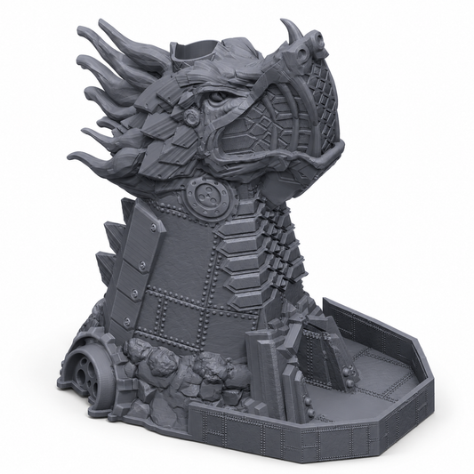 3D-printet terningtårn som mekanisk monsterhode med metallplater og tannet gap i grå PLA til D&D.