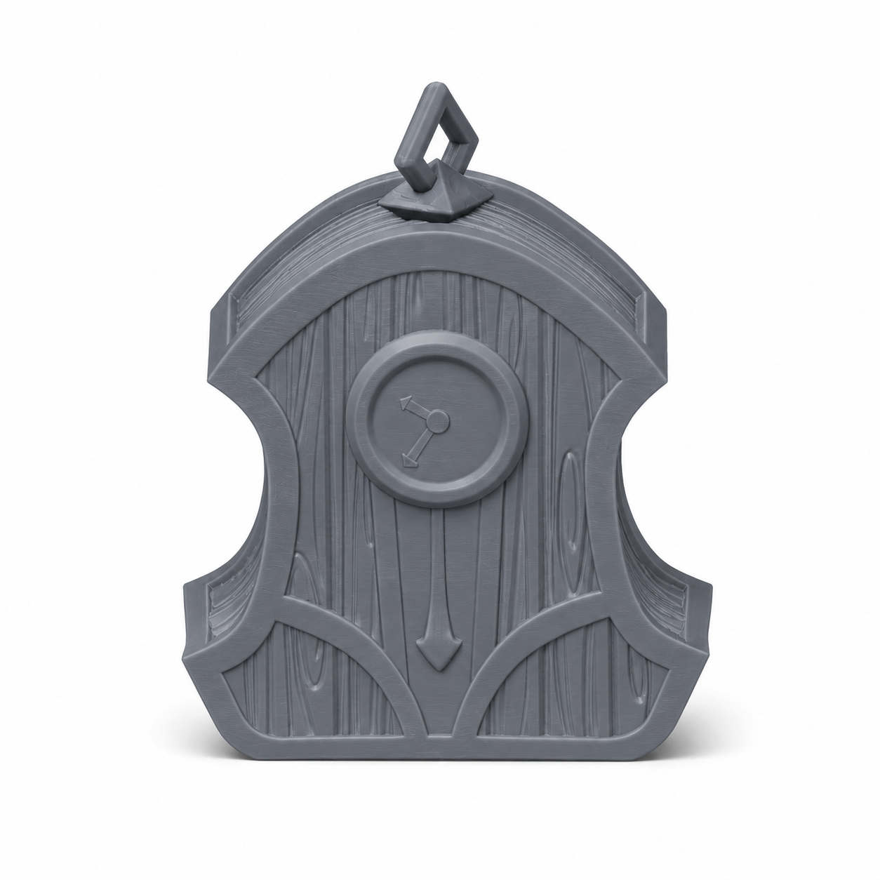 3D-printet veggklokke i grå PLA til D&D, fantasy-terreng og tabletop-rollespill.
