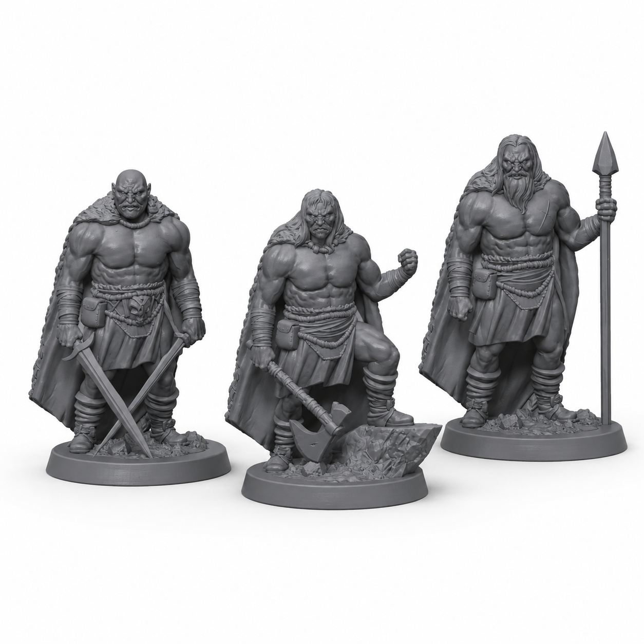 3D-printet Vikinger miniatyrsett med tre nordiske krigere med sverd, øks og spyd i grå PLA til D&D og tabletop-rollespill.