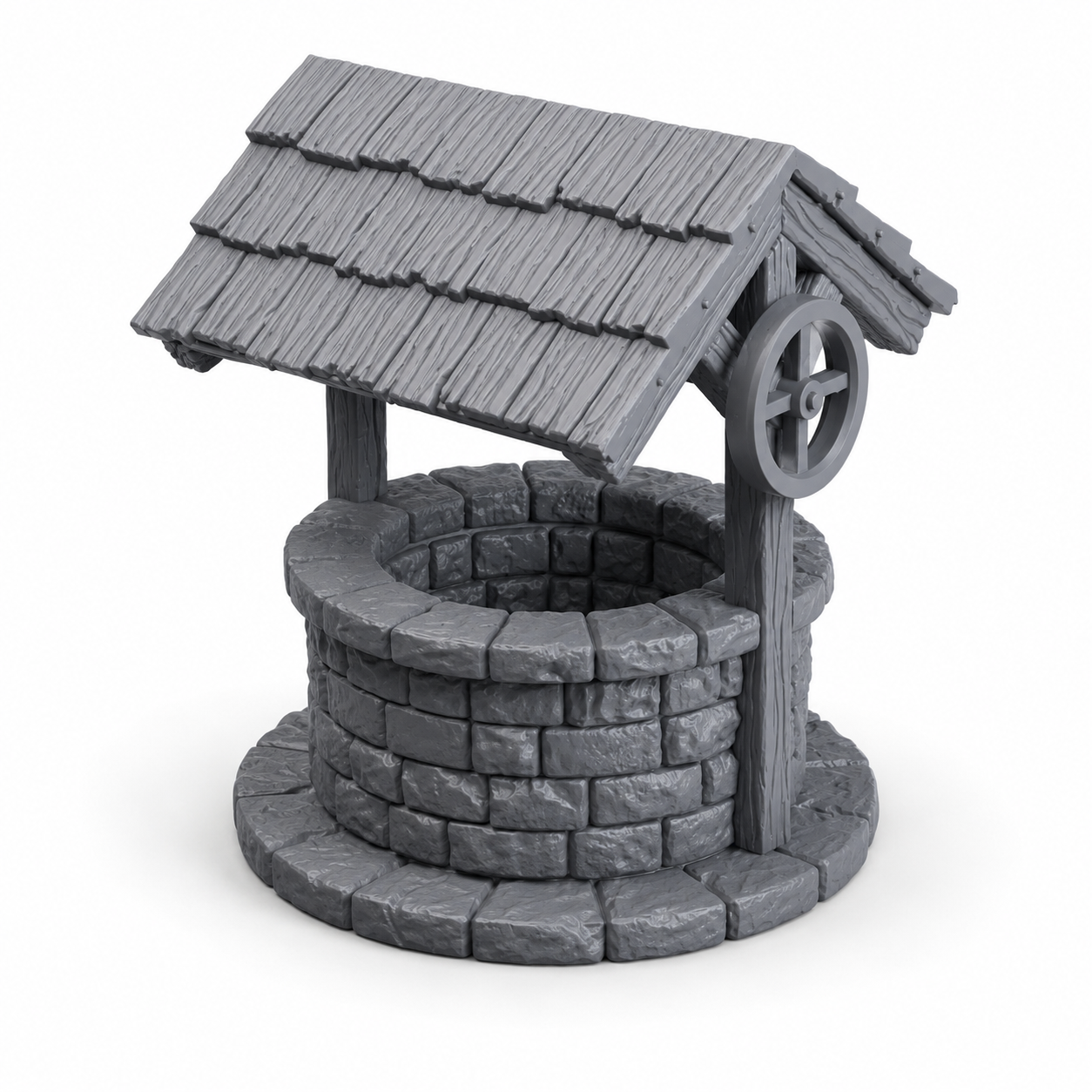 3D-printet landsbybrønn med tak og sveiv – terrengrekvisitt til D&D og rollespill.