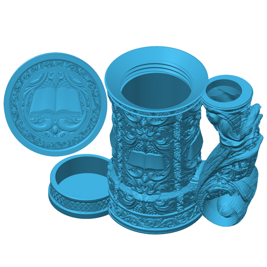 3D-printet blått Wizard eventyrkrus med bokmotiv, skrulokk og integrert dice tower til D&D og tabletop-rollespill.