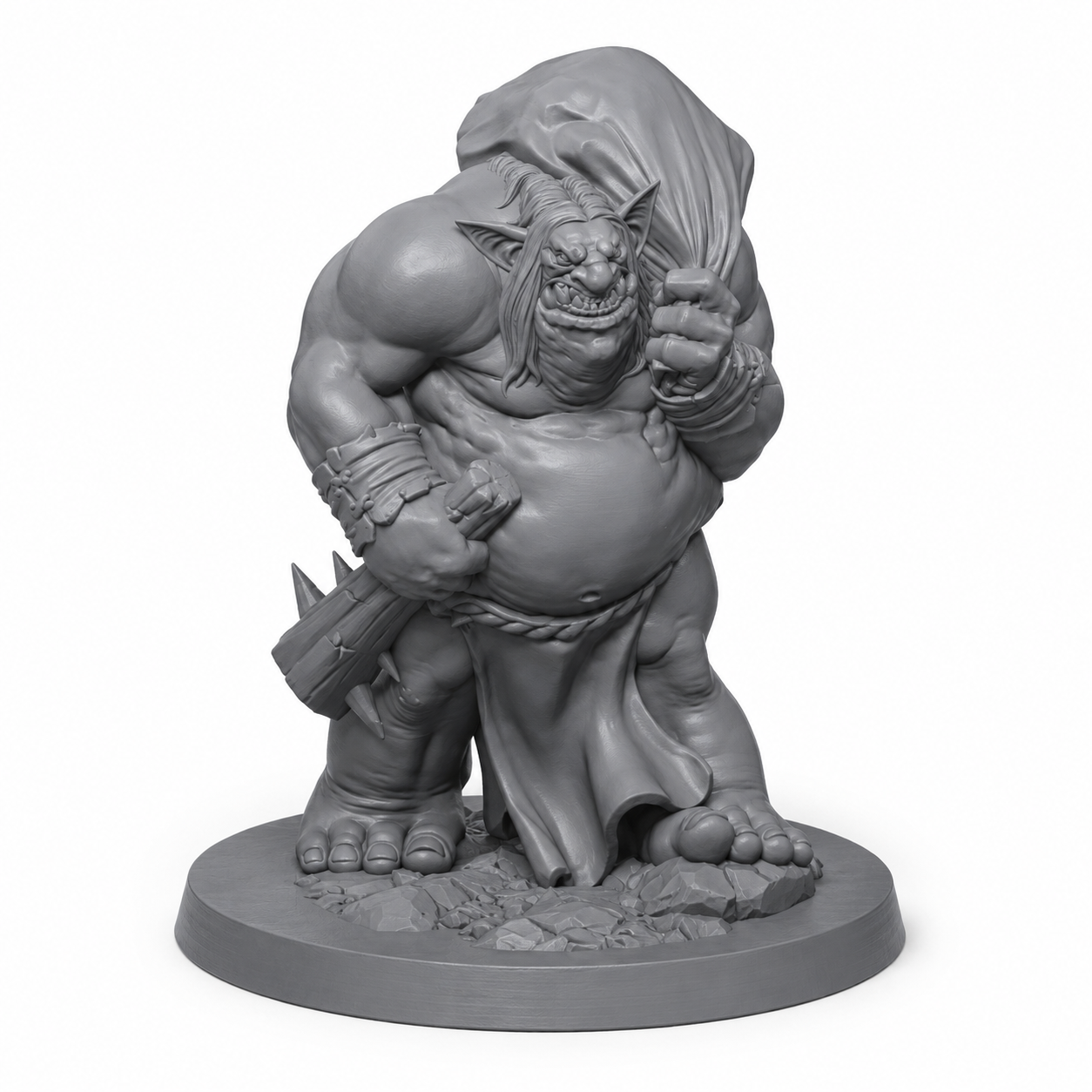 3D-printet Zharogh med tungt våpen, massiv kropp og truende positur i grå PLA til D&D og tabletop-rollespill.