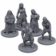 3D-printet sett med fem zombier i slitne klær og forvridde positurer i grå PLA til D&D og Pathfinder.