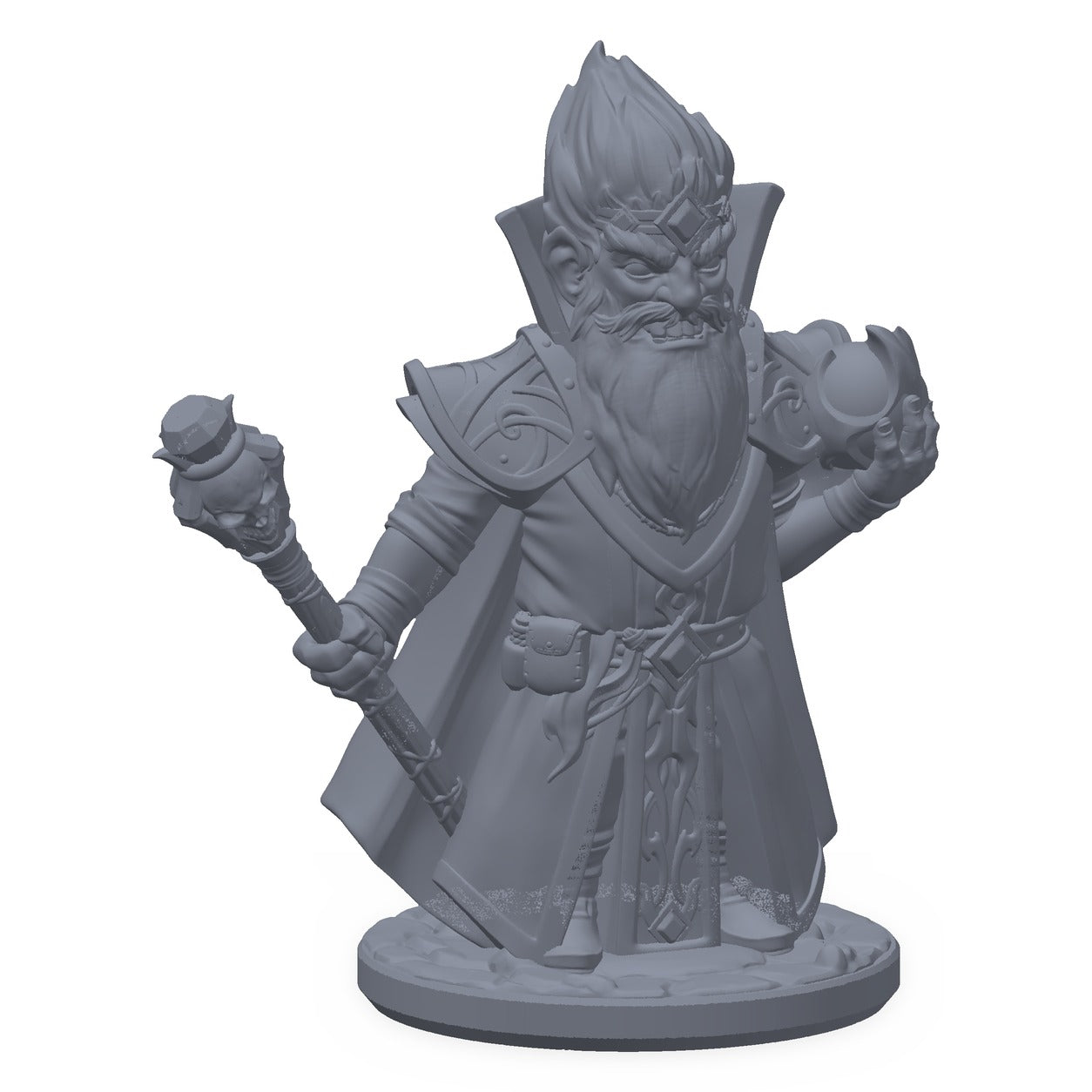 3D-printet arkanist-gnom-miniatyr i grå PLA – gnomemagiker med oppslått formelbok og gnistrende hånd, til D&D og Pathfinder.