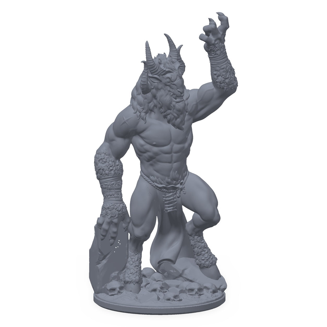 3D-printet Baphomet-miniatyr i grå PLA – hornet demonfyrste med værhode, til D&D og Pathfinder.