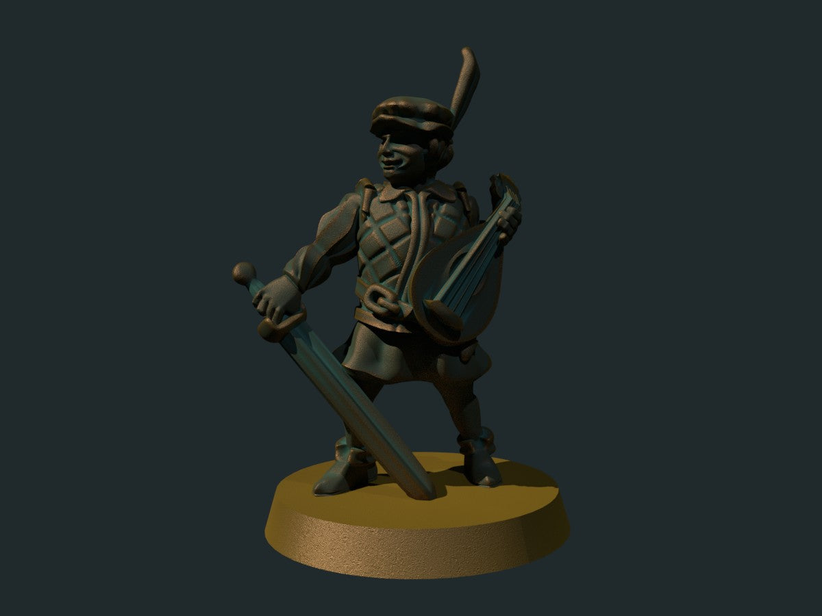 Barde, 3D-printet D&D-miniatyr fra Spillsmia.
