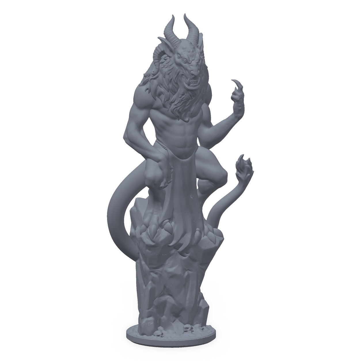 3D-printet bulezau-miniatyr i grå PLA – utmagret hornet demon, til D&D og Pathfinder.