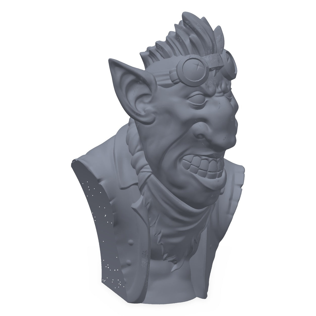3D-printet byste i grå PLA – goblin-plyndreren, maleklar for miniatyrmalere.