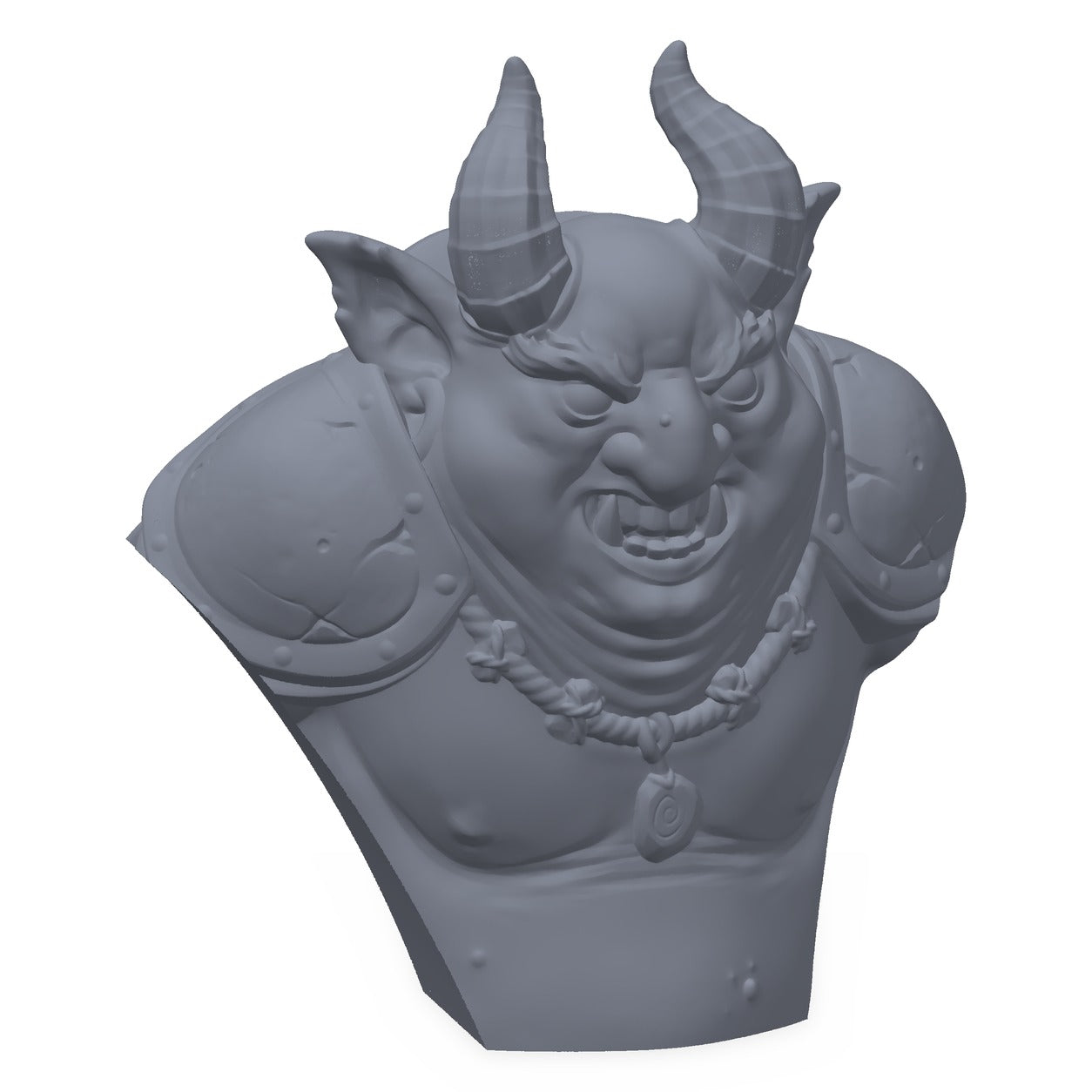 Grå 3D-printet byste av en imp-krigsherre med hjelm og horn, maleklar for miniatyrmalere.
