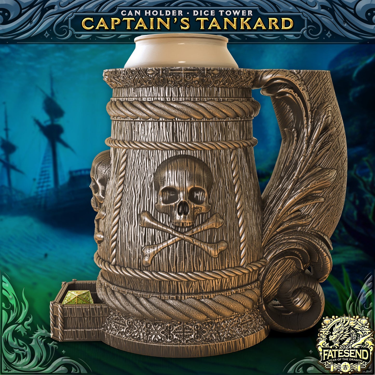 Captain's Tankard - terningtårn og oppbevaring fra FatesEnd, 3D-printet til D&D og rollespill.