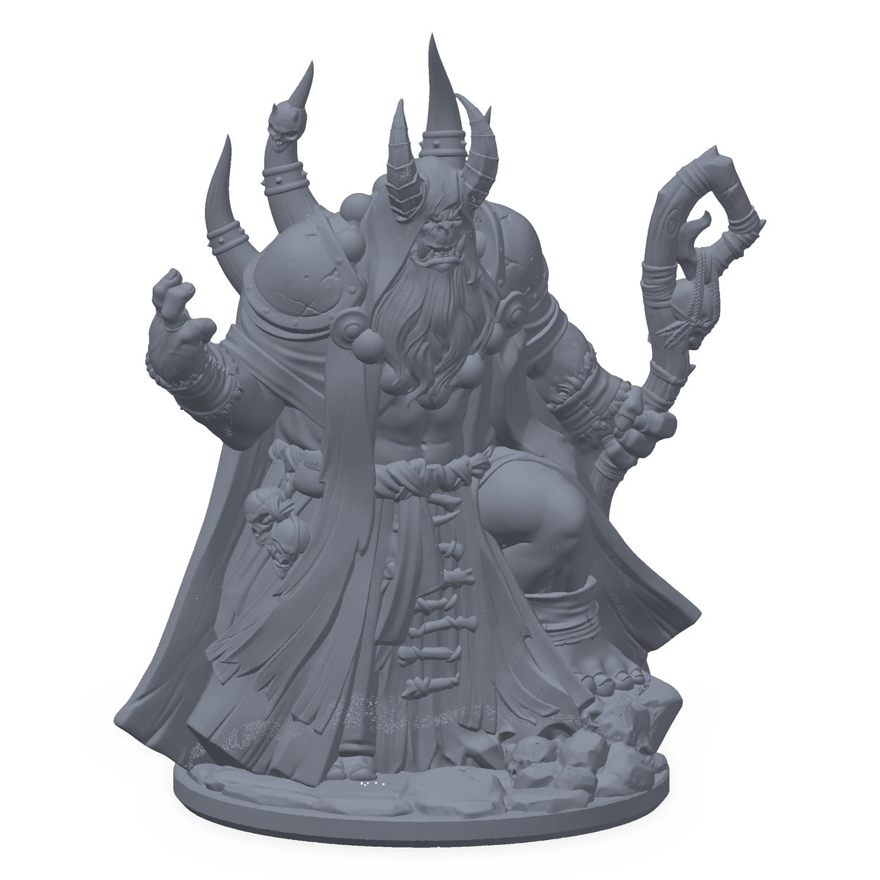 3D-printet demonisk ork-warlock-miniatyr i grå PLA – hornet ork med stav, til D&D og Pathfinder.