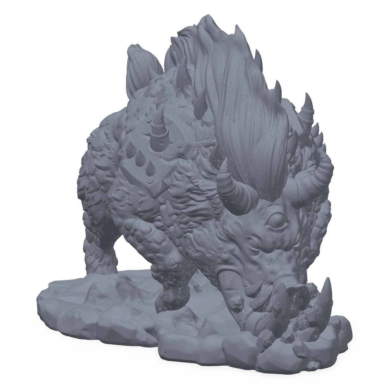 3D-printet demonisk villsvin-miniatyr i grå PLA – pansret beist med horn, til D&D og Pathfinder.