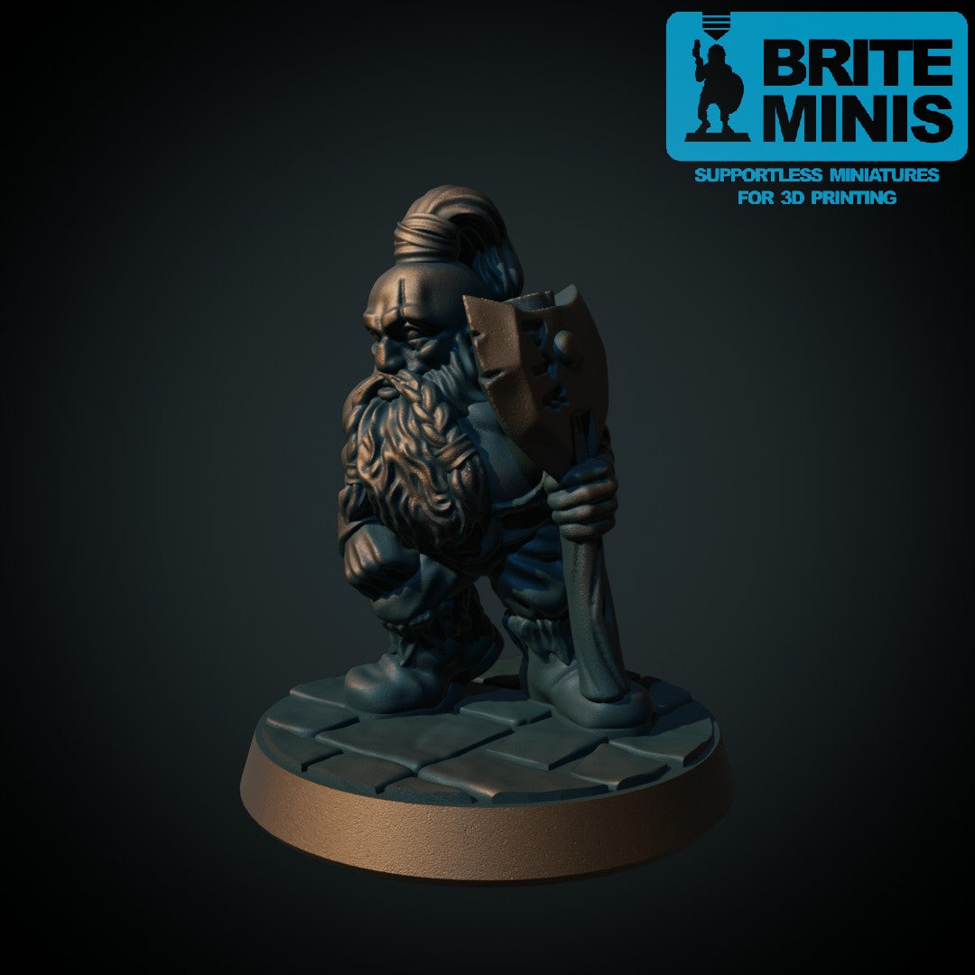 Fire dvergeeventyrere: barbar, kleriker, paladin og tyv, 3D-printet D&D-miniatyrsett fra Spillsmia.