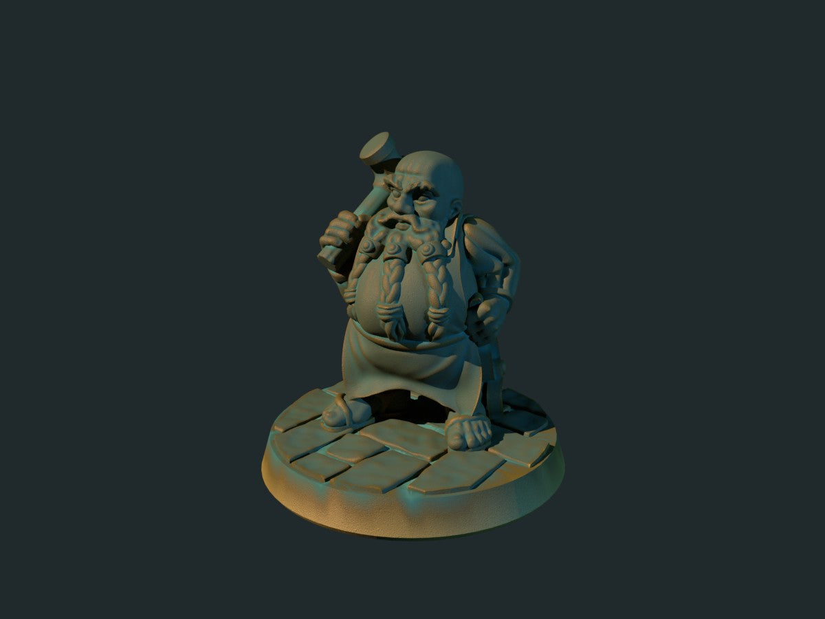 Dvergsmed ved ambolten, 3D-printet D&D-miniatyr fra Spillsmia.