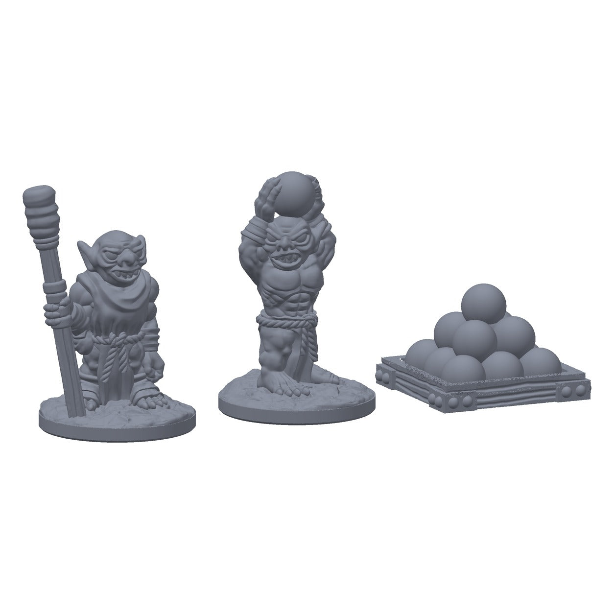 Grå 3D-printede goblin-kanonlastere med kanonkuler, til D&D og Pathfinder.