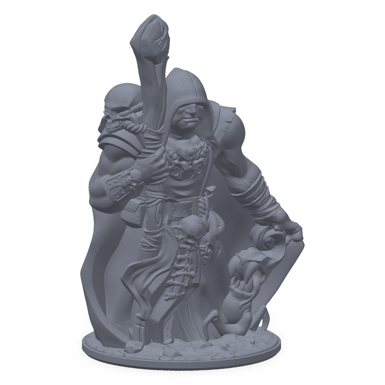 3D-printet fleshomancer-miniatyr i grå PLA – hette-kledd magiker med stav, til D&D og Pathfinder.