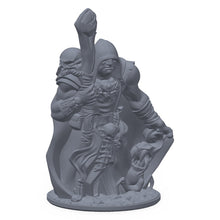 3D-printet fleshomancer-miniatyr i grå PLA – hette-kledd magiker med stav, til D&D og Pathfinder.