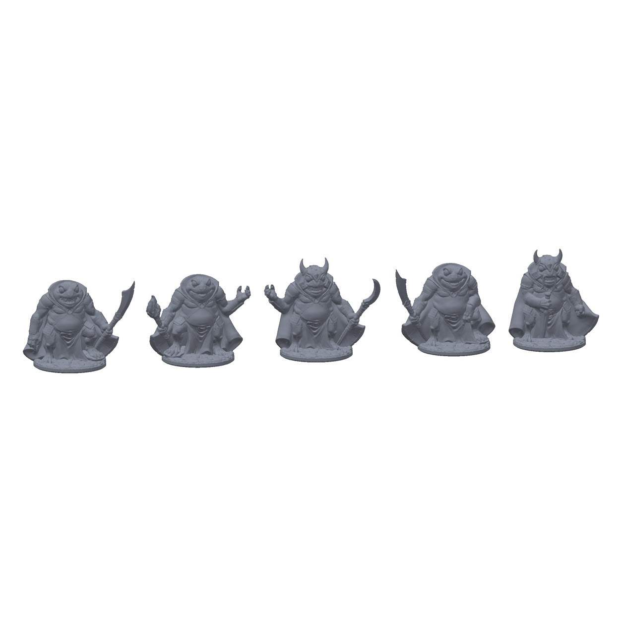 3D-printet sett med fem froskegardister i grå PLA, til D&D og Pathfinder.
