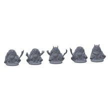 3D-printet sett med fem froskegardister i grå PLA, til D&D og Pathfinder.