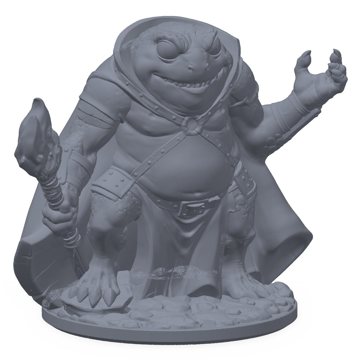 3D-printet froskegardist-miniatyr i grå PLA – froskevakt med løftet klo og hellebard, til D&D og Pathfinder.