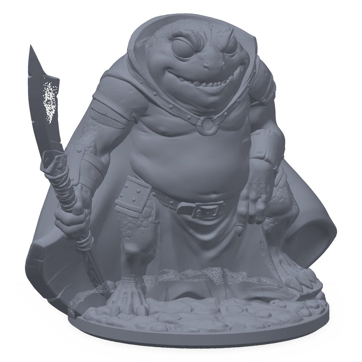 3D-printet froskegardist-miniatyr i grå PLA – froskevakt med hellebard klar til hugg, til D&D og Pathfinder.