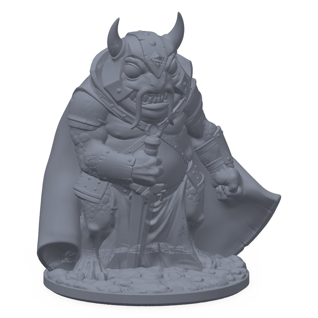 3D-printet froskegardist-miniatyr i grå PLA – froskevakt i vaktposisjon med sverd, til D&D og Pathfinder.