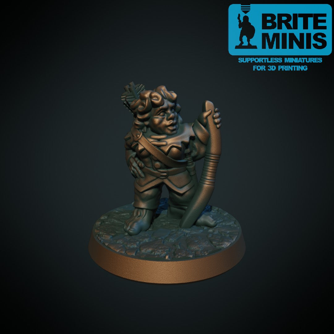 Fire halfling-eventyrere med bue, armbrøst og sverd, 3D-printet D&D-miniatyrsett fra Spillsmia.