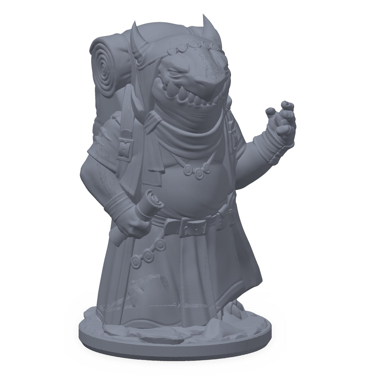 3D-printet kobold-kremmer-miniatyr i grå PLA – kobold med varer og ryggsekk, til D&D og Pathfinder.