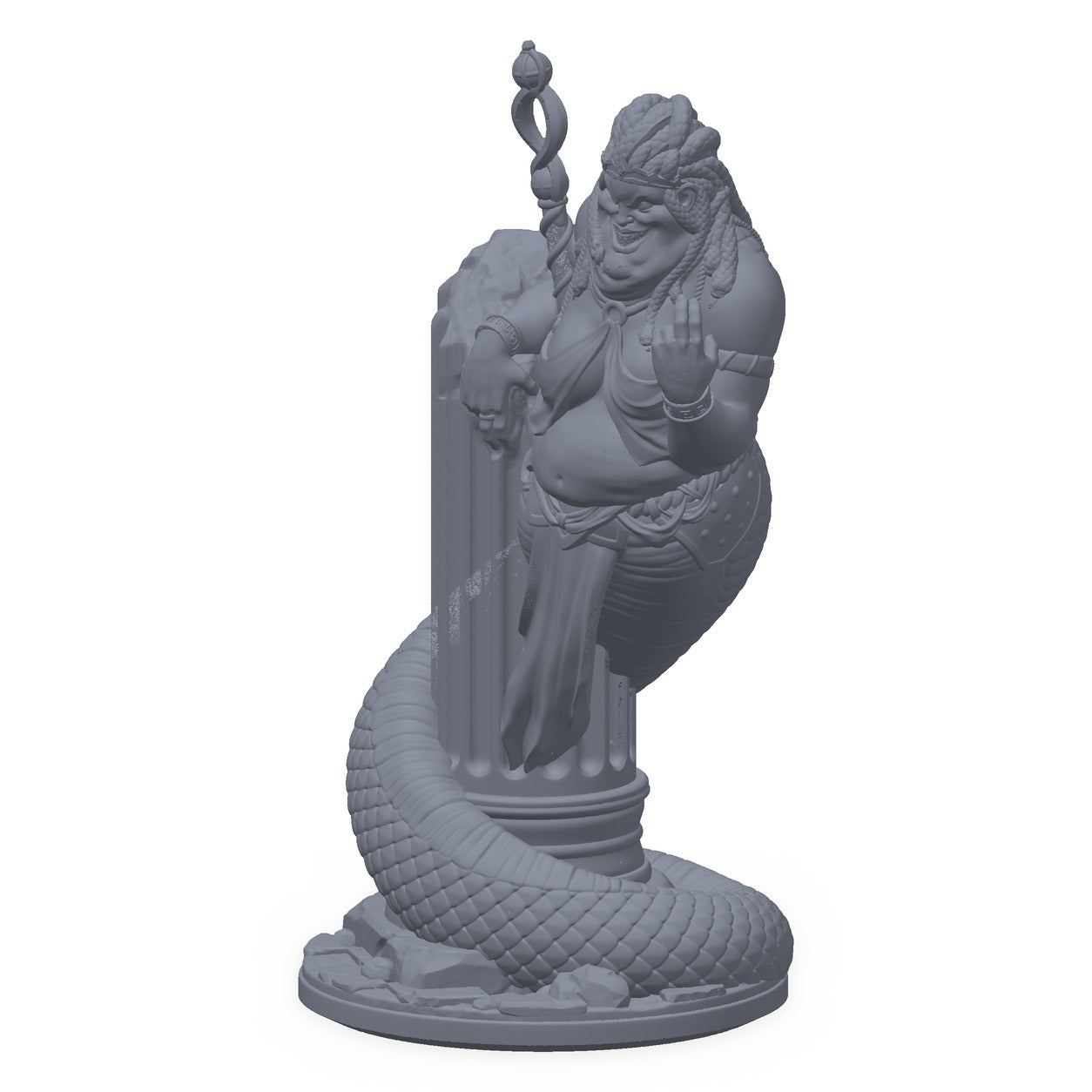 3D-printet medusa-miniatyr i grå PLA – stor slangekvinne kveilet rundt knust søyle, til D&D og Pathfinder.