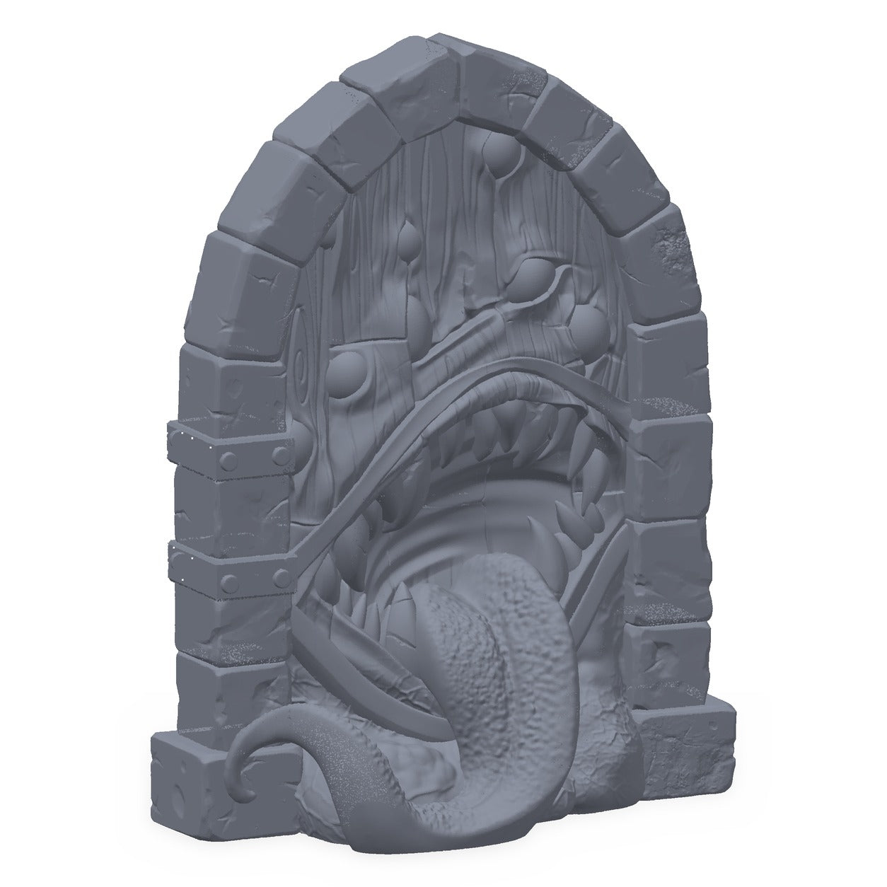 3D-printet mimic-dør-miniatyr i grå PLA – dør med tenner og tunge, til D&D og Pathfinder.