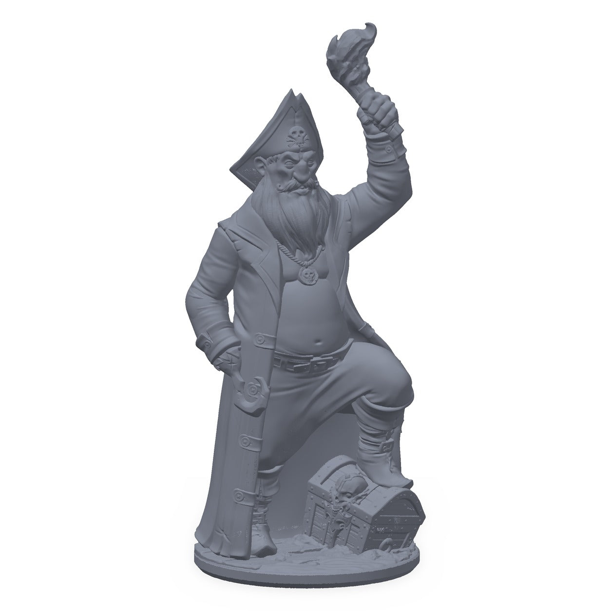 3D-printet piratkaptein-miniatyr i grå PLA – kaptein med trekantet hatt og støvel på skattekiste, til D&D.