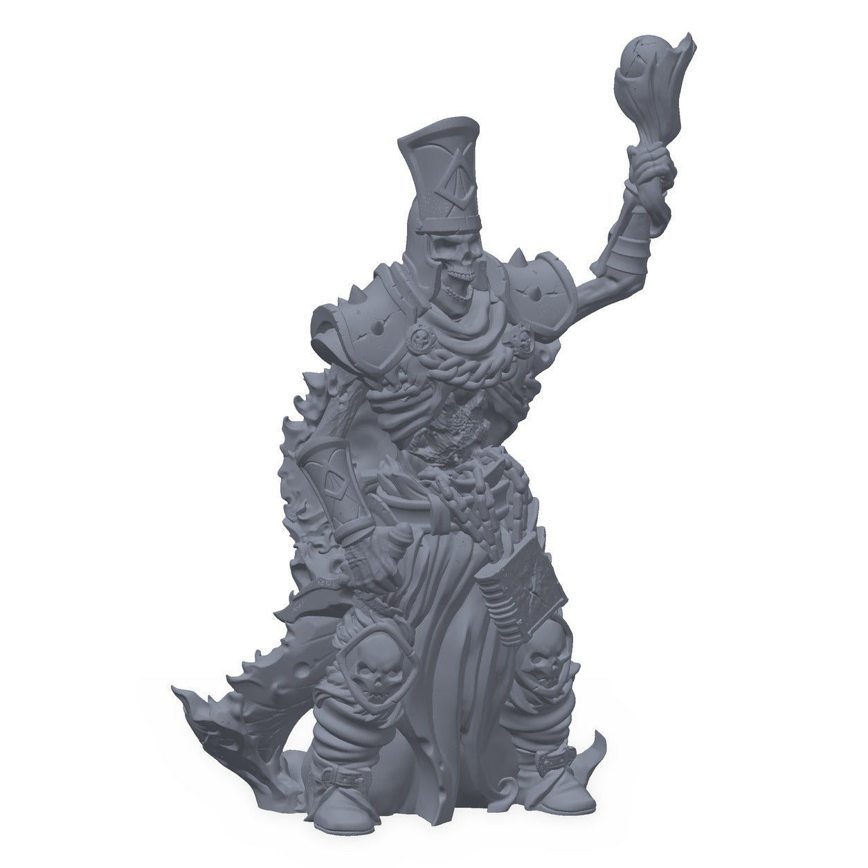 Grå 3D-printet miniatyr av en elite-skjelettmagiker med stav og kappe, til D&D og Pathfinder.
