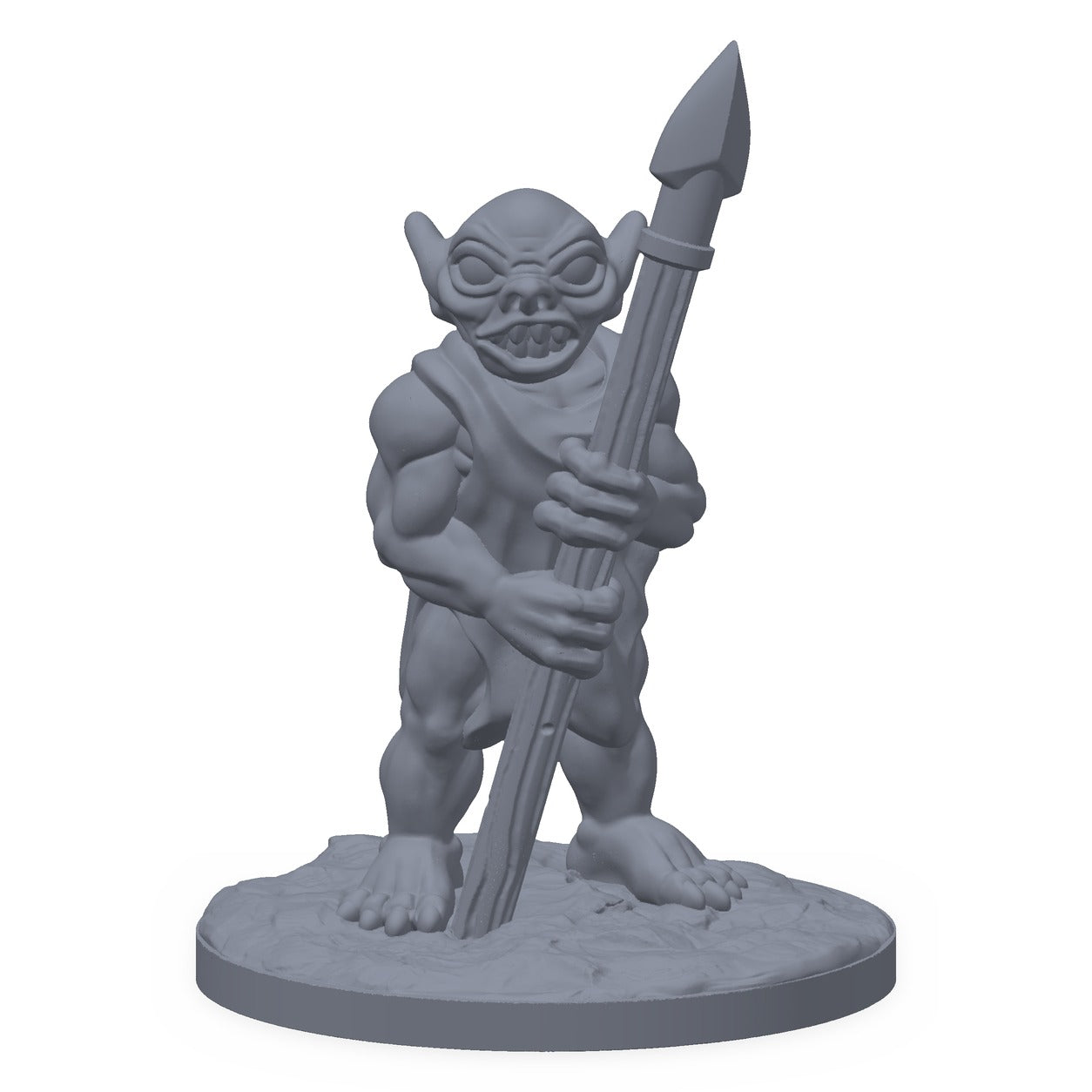 Grå 3D-printet miniatyr av en goblinkriger med spyd, til D&D og Pathfinder.