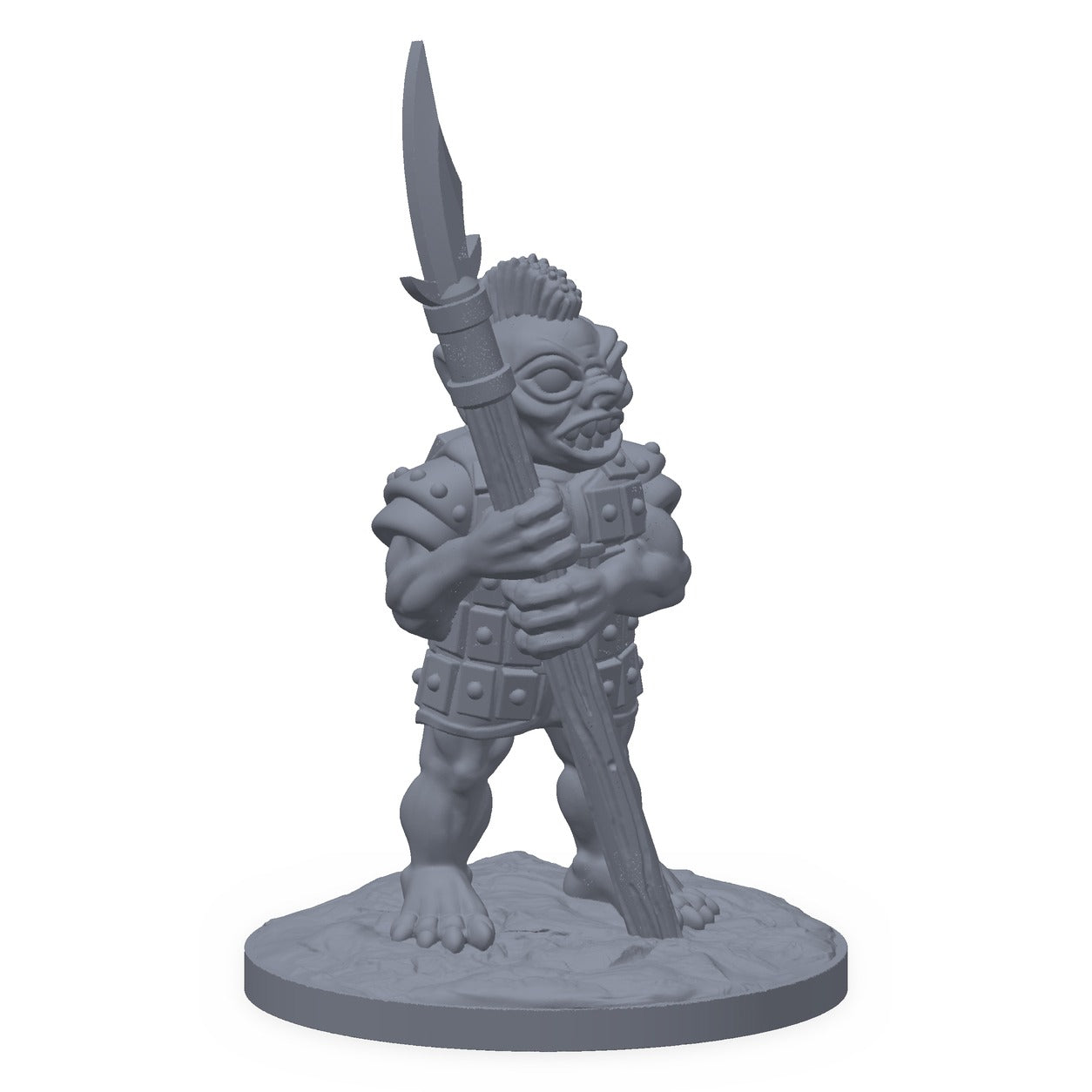 Grå 3D-printet miniatyr av en goblinkriger med langt stangvåpen, til D&D og Pathfinder.