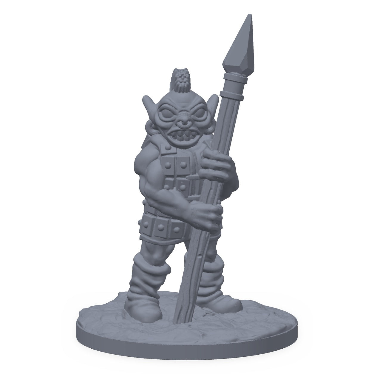 Grå 3D-printet miniatyr av en speidende goblinkriger med spyd, til D&D og Pathfinder.