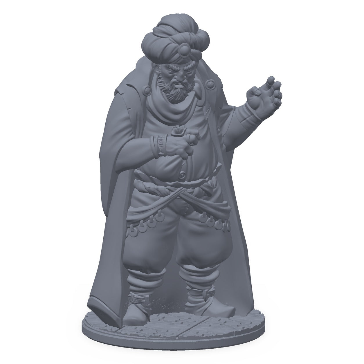Grå 3D-printet miniatyr av smugleren Lazar, en ørkenkjøpmann med kappe, til D&D og Pathfinder.