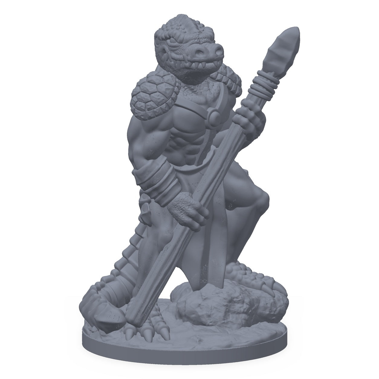 Grå 3D-printet miniatyr av en øglekriger med spyd, til D&D og Pathfinder.