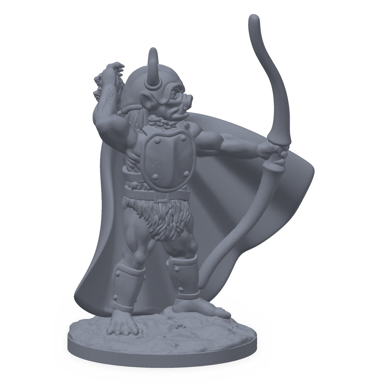 Grå 3D-printet miniatyr av en orkebueskytter med spent bue, til D&D og Pathfinder.