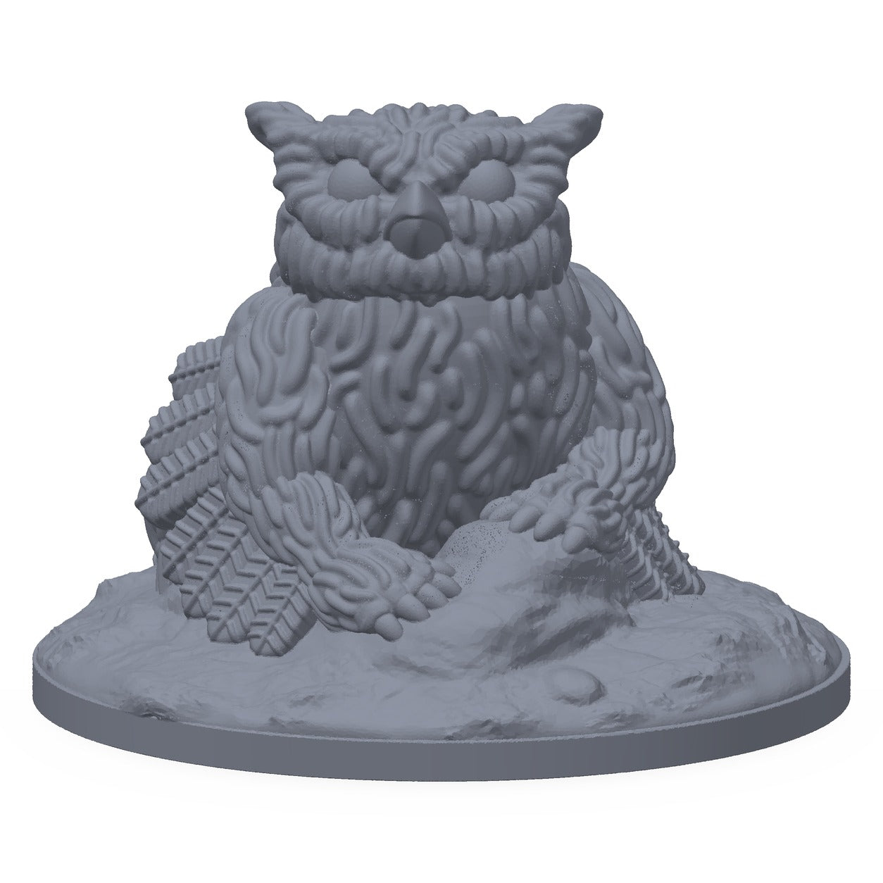 Grå 3D-printet miniatyr av en owlbear-unge med stort nebb, til D&D og Pathfinder.