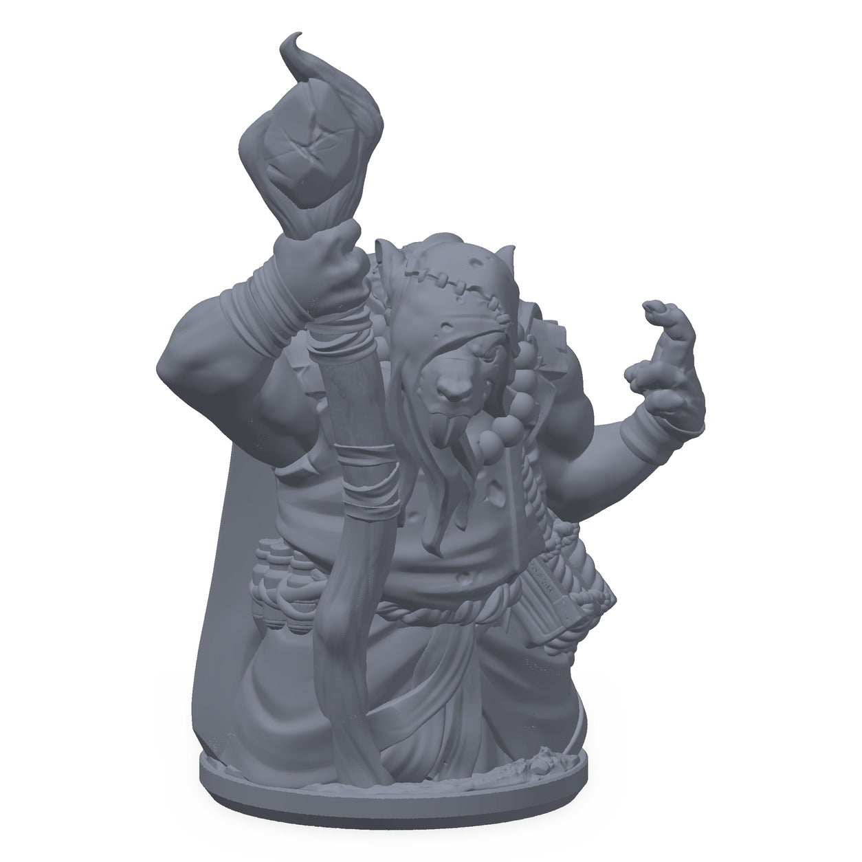 Grå 3D-printet miniatyr av en hettekledd rottemann med stav, til D&D og Pathfinder.