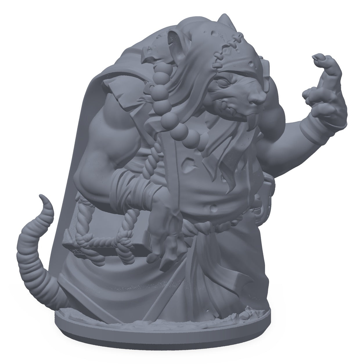Grå 3D-printet miniatyr av en lutrygget rottemann med hette, til D&D og Pathfinder.
