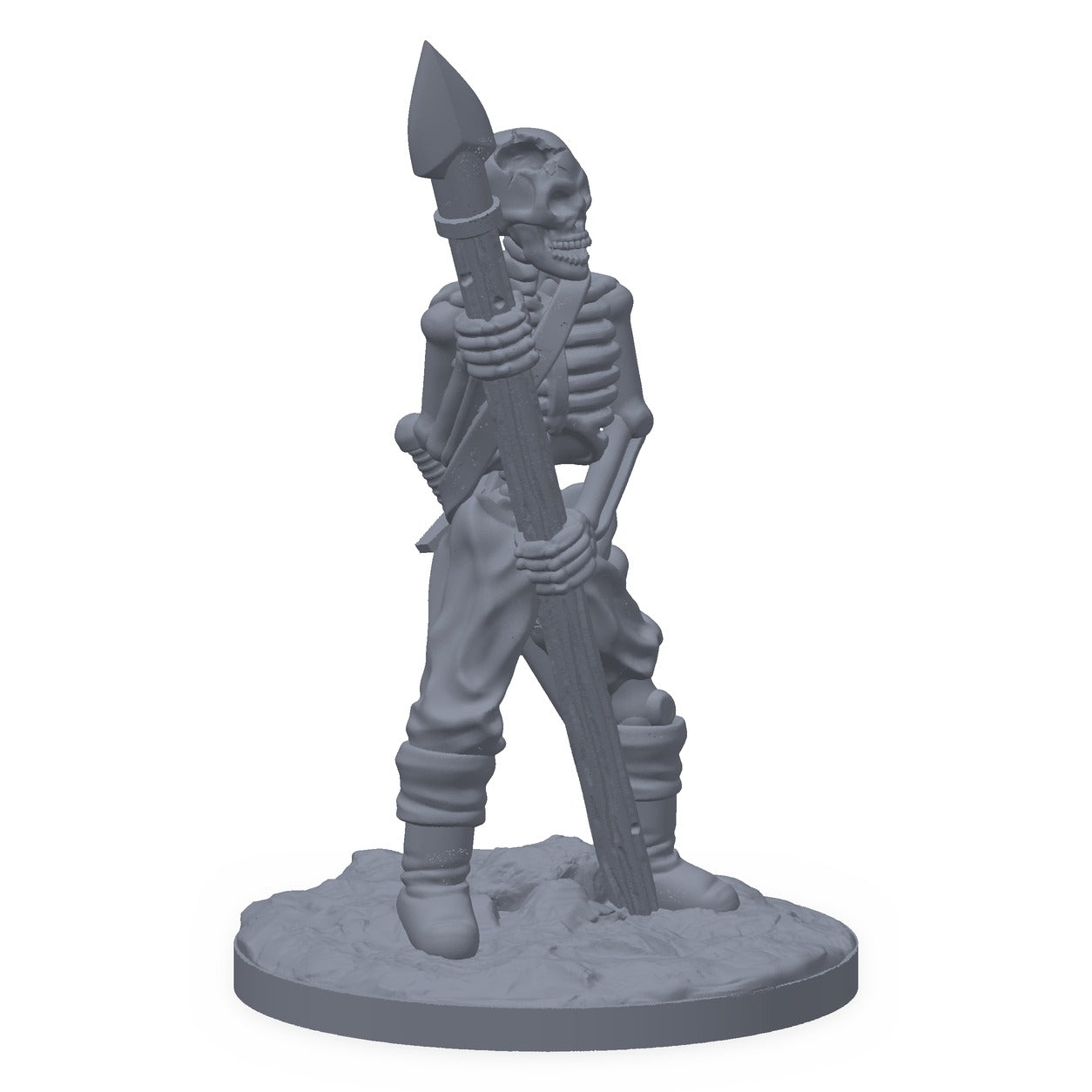 Grå 3D-printet miniatyr av et skjelett med spyd, til D&D og Pathfinder.