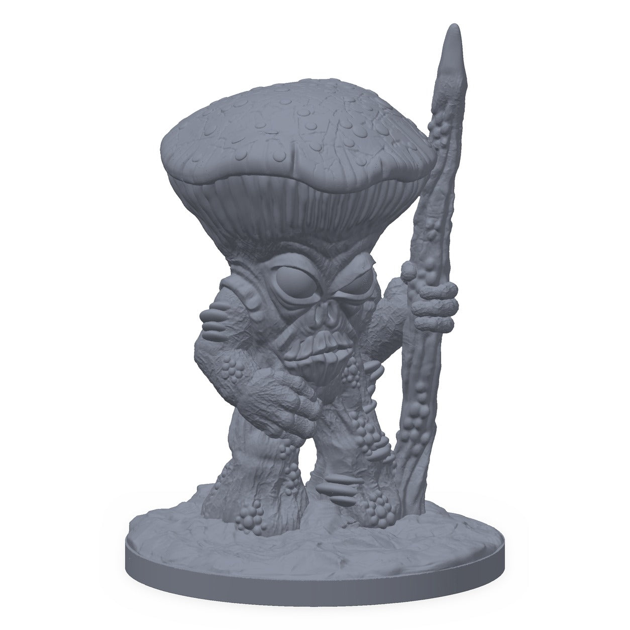 Grå 3D-printet miniatyr av et lite soppvesen med sopphatt og våpen, til D&D og Pathfinder.
