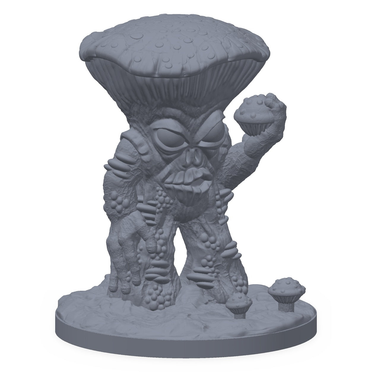 Grå 3D-printet miniatyr av et lite, sint soppvesen, til D&D og Pathfinder.