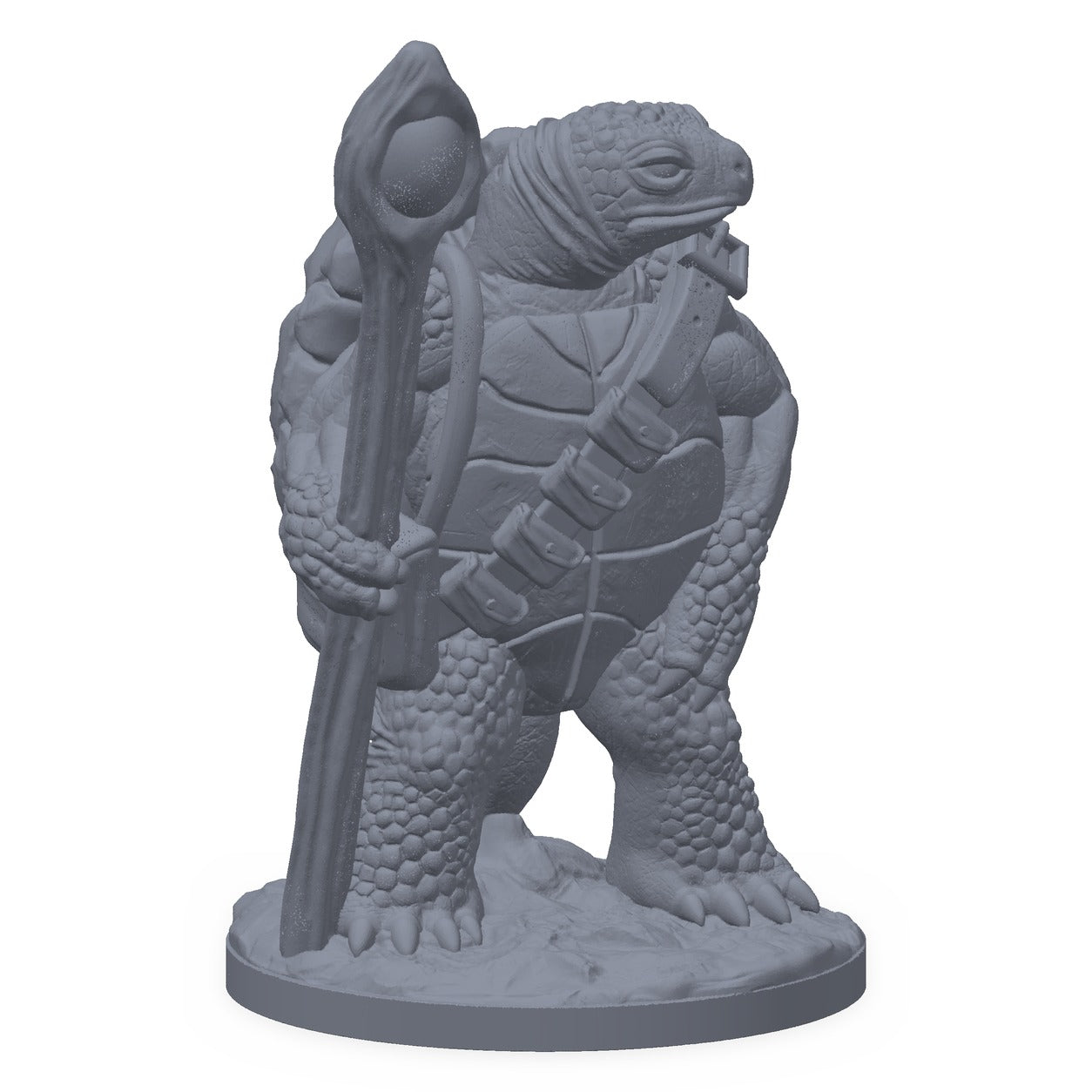 Grå 3D-printet miniatyr av et høyreist skilpaddefolk med reisepakke, til D&D og Pathfinder.